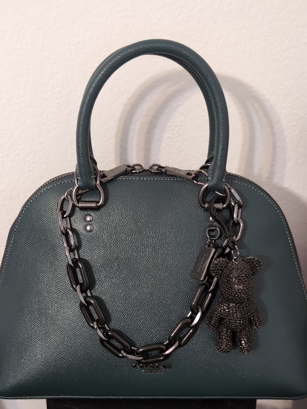 Coach Green Teal Leather Katy Dome Satchel Gun Metal Charm and Chain Included.